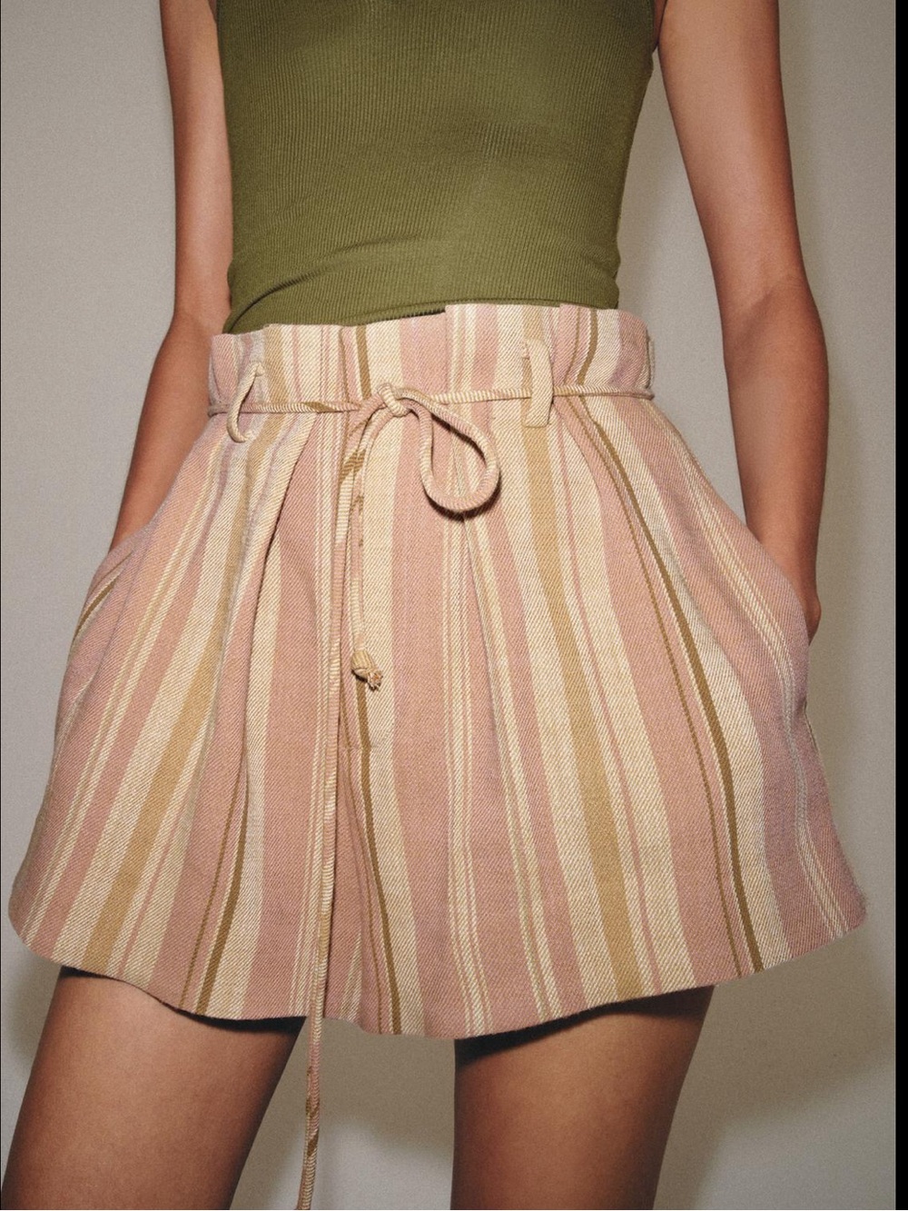 Zara Striped High-Waist Paperbag Shorts in Pink & Cream
